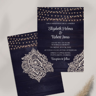 Midnight Blue Rustic Wooden Wedding Invitation
