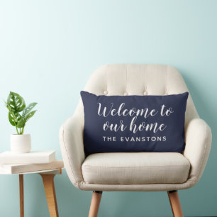 Midnight Blue Script Welcome to Our Home Lumbar Cushion