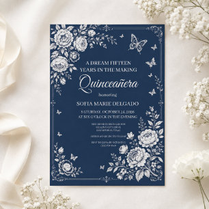 Midnight Blue Silver Butterfly Floral Quinceañera Invitation