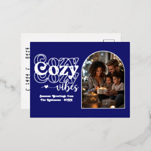 Midnight Blue & Silver Cosy Vibes Retro Christmas Foil Holiday Postcard