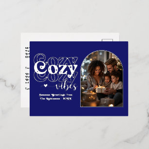 Midnight Blue & Silver Cozy Vibes Retro Christmas Foil Holiday Postcard