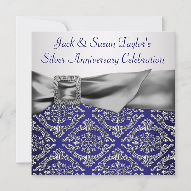 Midnight Blue Silver Damask 25th Anniversary Party Invitation (Front)