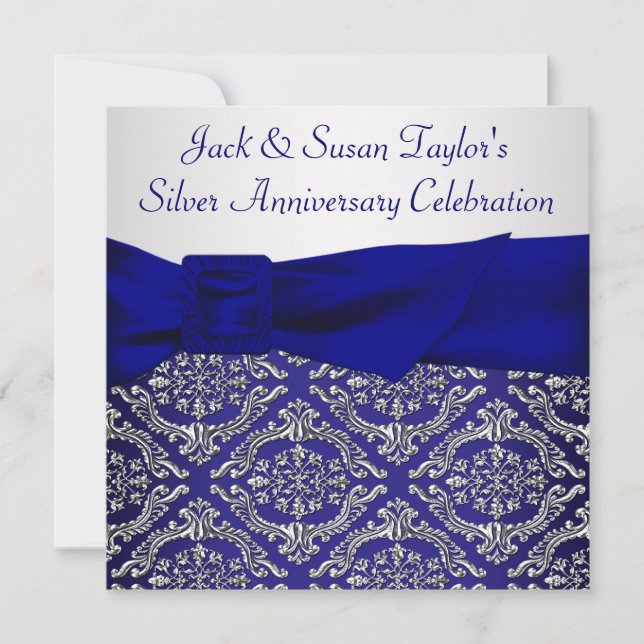 Midnight Blue Silver Damask 25th Anniversary Party Invitation (Front)