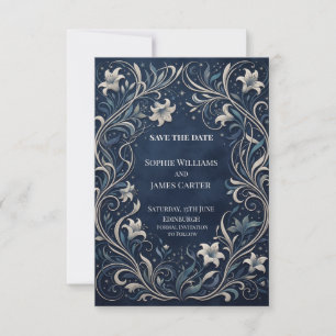 Midnight Blue Silver Floral Filigree Save the Date