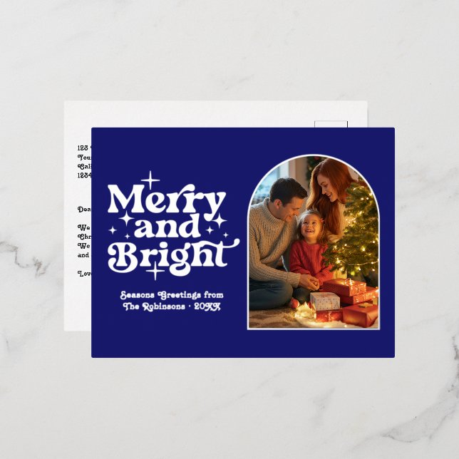 Midnight Blue & Silver Merry & Bright Retro Xmas Foil Holiday Postcard (Front/Back)