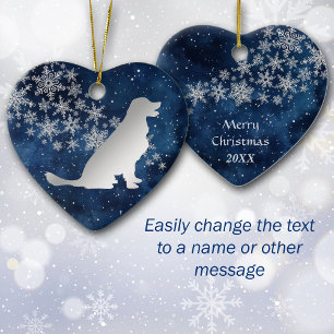 Midnight Blue Silver Snowflake Golden Retriever Ceramic Tree Decoration