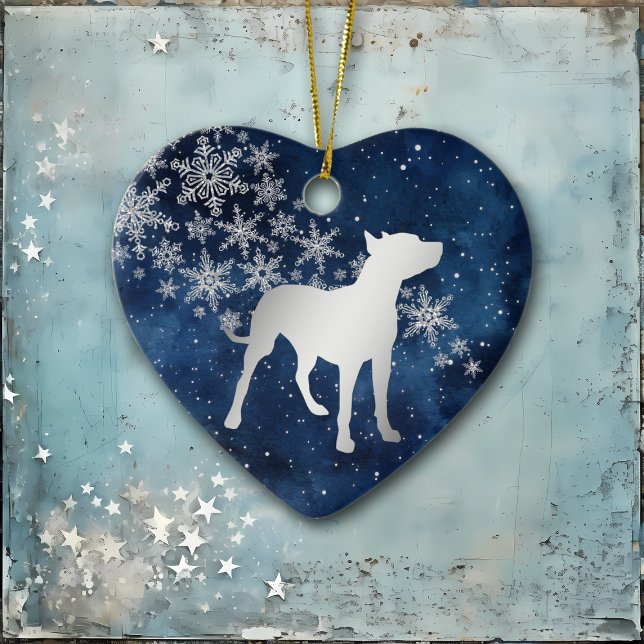 Midnight Blue Silver Snowflake Pitbull Dog Ceramic Tree Decoration (Creator Uploaded)