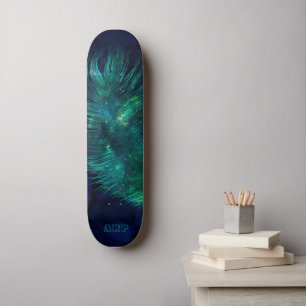 *~* Midnight Blue Sky Cosmic Emerald Feather Boho Skateboard