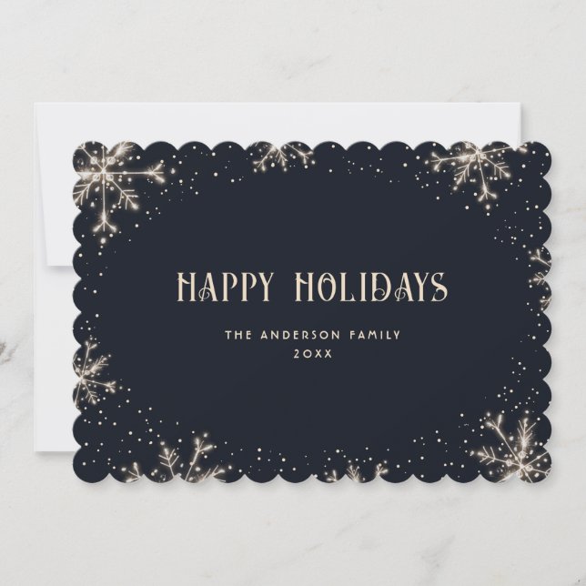 Midnight Blue Snowflake Snow Happy Holidays Card (Front)
