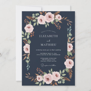 Midnight Blue Sophisticated Botanical Wedding Invitation