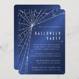 Midnight Blue Sparkling Spider Web Halloween Party Invitation