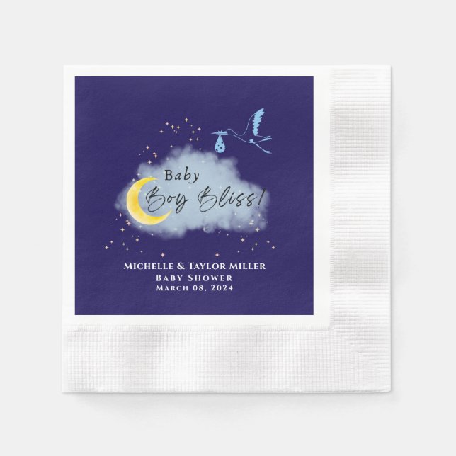 Midnight Blue Starlit Baby Boy Bliss Stork  Napkin (Front)