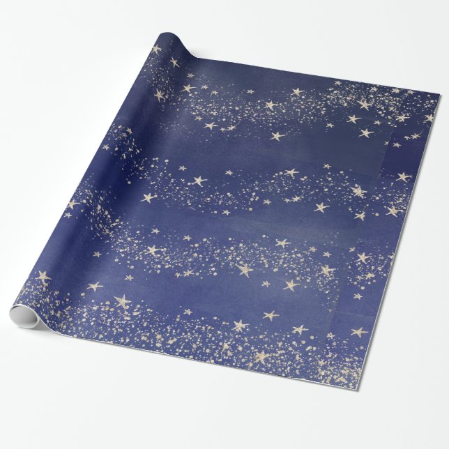 Midnight Blue Starry Night Sky Gift Wrap Paper (Unrolled)