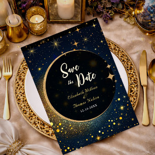 Midnight Blue Stars Moon celestial Halo wedding Save The Date