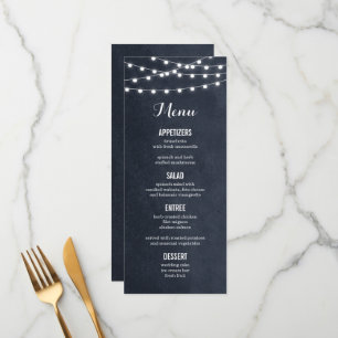 Midnight Blue String Lights Wedding Menu Card