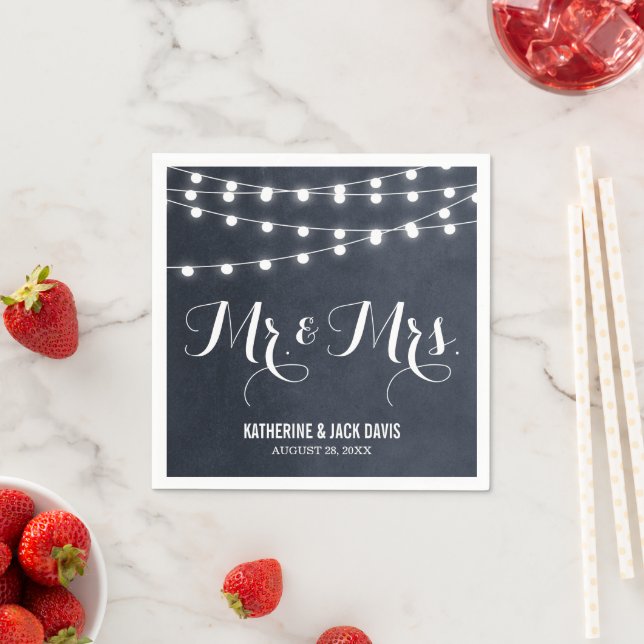 Midnight Blue String Lights Wedding Monogram Napkin (Insitu)