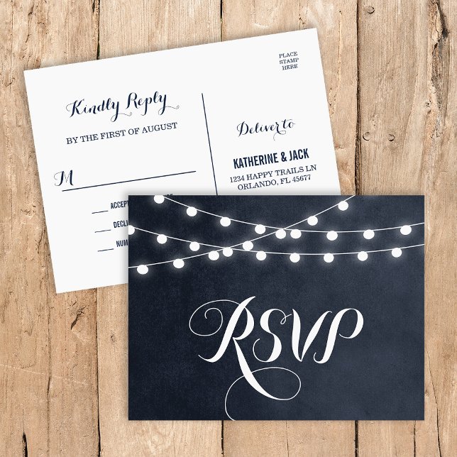 Midnight Blue String Lights Wedding RSVP Postcard (Creator Uploaded)