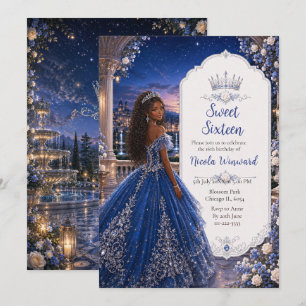 Midnight Blue Sweet 16 Princess Garden Invitation