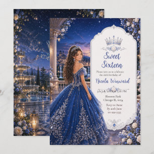 Midnight Blue Sweet 16 Princess Garden Invitation