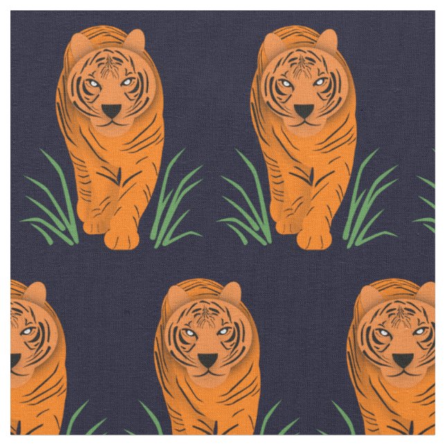 Midnight Blue Tigers prowling in the Grass  Fabric (Close Up)