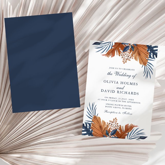 Midnight Blue Tropical Monstera Wedding Invitation (Midnight Blue Tropical Monstera Wedding Invitation on a sunny neutral dry palm leaf.)