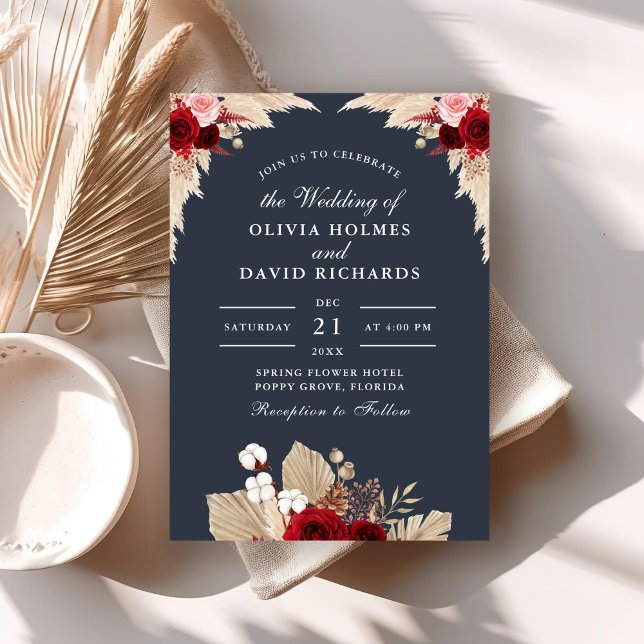 Midnight Blue Tropical Roses Wedding Invitation (Midnight Blue Tropical Roses Wedding Invitation on a boho table with dry palm leaf.)