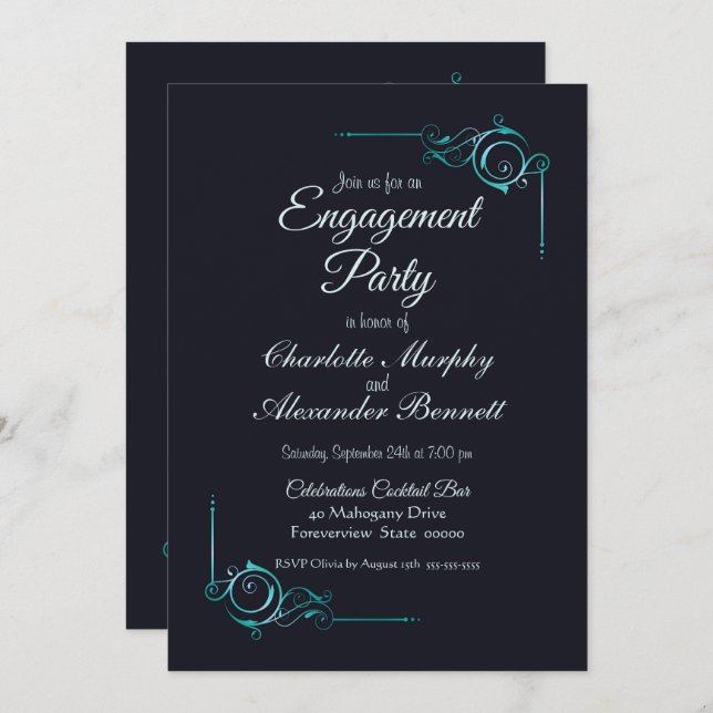 Midnight Blue & Turquoise Engagement Party Invite (Front/Back)