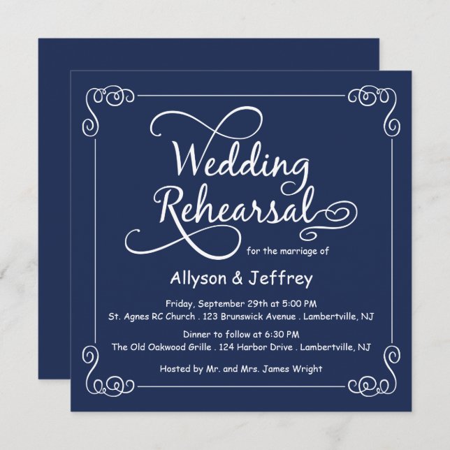 Midnight Blue Wedding Rehearsal Invitation (Front/Back)