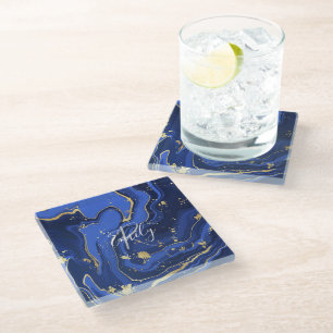 Midnight Blue White Agate Abstract Name Monogram Glass Coaster