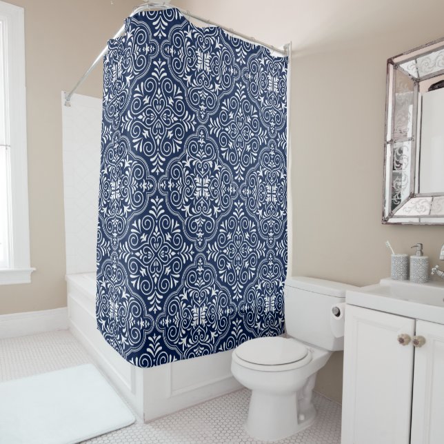 Midnight-Blue & White Moroccan Geometric Pattern Shower Curtain (In Situ)