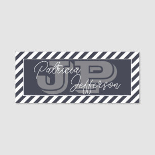 Midnight Blue White Striped Monogram Name Tag