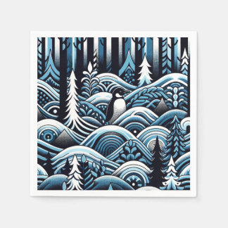 Midnight Blue Winter Forest With Cute Lone Penguin Napkin