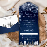 Midnight Blue Winter Wonderland Pine Trees Wedding All In One Invitation<br><div class="desc">Invite your guests with this elegant wedding invitation featuring beautiful stars and snowflakes on a dark blue background with detachable RSVP postcard. Simply add your event details on this easy-to-use template to make it a one-of-a-kind invitation.</div>