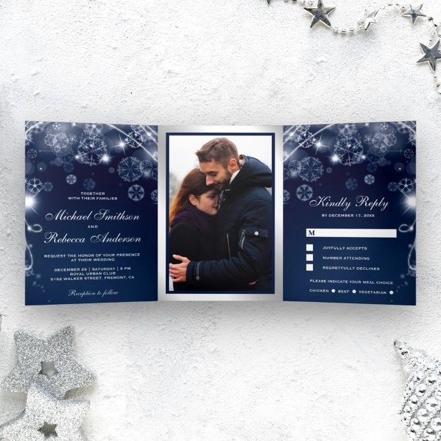 Midnight Blue Winter Wonderland Snowflakes Wedding Tri-Fold Invitation (Creator Uploaded)