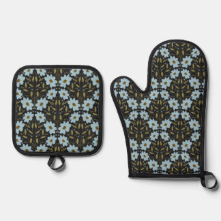 Midnight Bluebell Garden | Elegant Dark Floral Oven Mitt & Pot Holder Set
