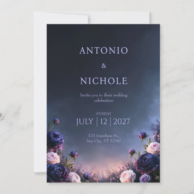 Midnight Blush Peony Twilight Garden Wedding Invitation (Front)
