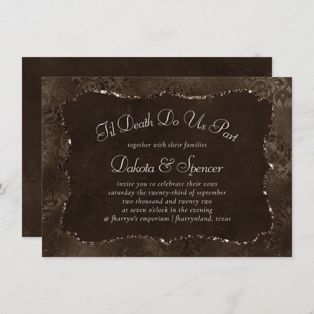 Midnight Bronze Romance | Satiny Grunge Damask Invitation (Front/Back)
