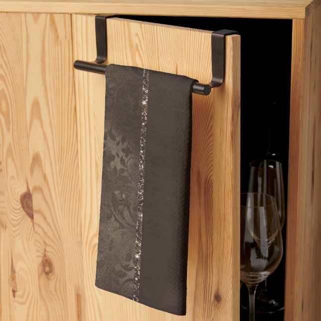 Midnight Bronze Romance | Satiny Grunge Damask Tea Towel (Thirds Fold)
