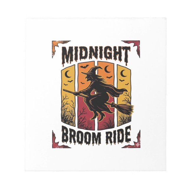 Midnight Broom Ride Vintage Witch Halloween Graphi Notepad (Front)