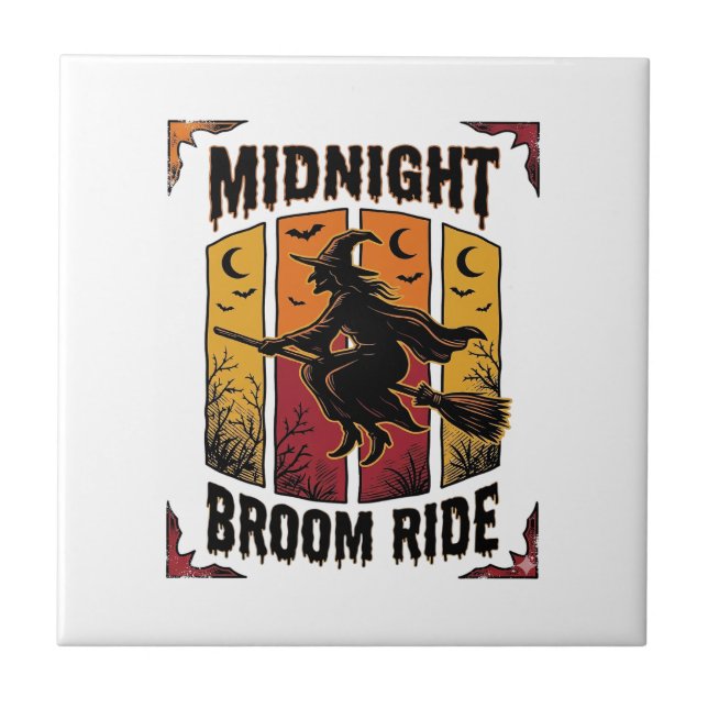 Midnight Broom Ride Vintage Witch Halloween Graphi Tile (Front)