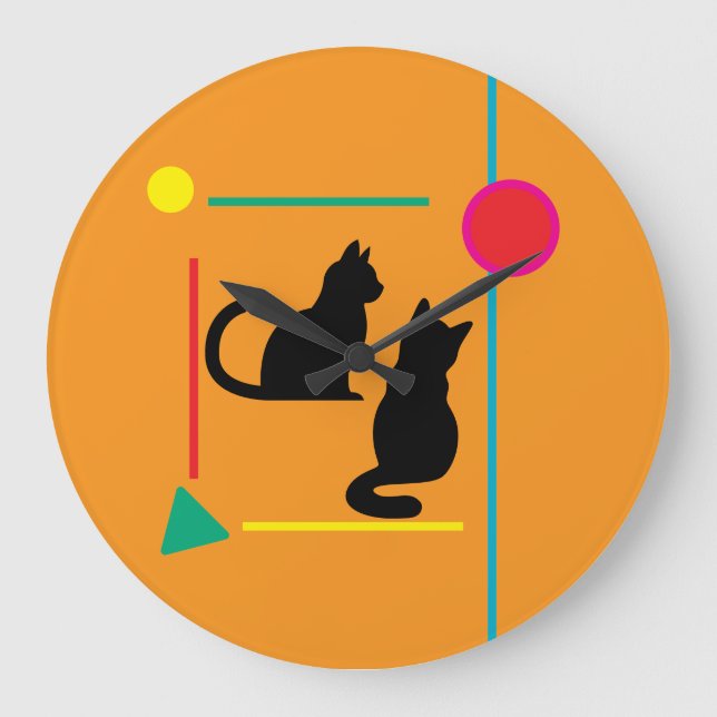 Midnight Cat & Crimson Moon Abstract Wall Clock (Front)