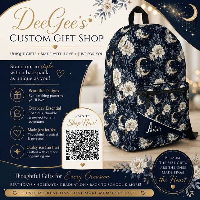 Midnight Celestial Floral & Crescent Moon Design  Printed Backpack (Creator Uploaded)