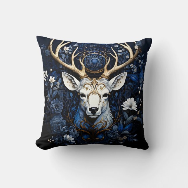 Midnight Celestial Floral Gothic Deer  Cushion (Front)