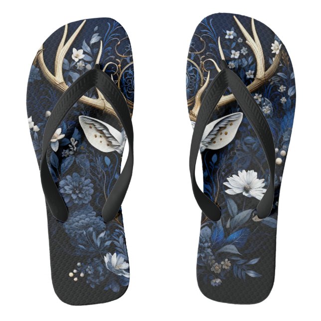 Midnight Celestial Floral Gothic Deer  Jandals (Footbed)