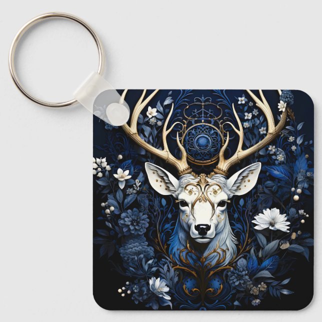 Midnight Celestial Floral Gothic Deer Key Ring (Front)