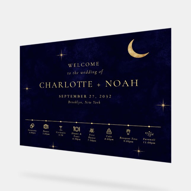 Midnight Celestial Wedding Timeline Welcome Acrylic Sign (Angle)