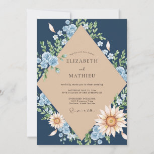 Midnight Champagne Daisy Eucalyptus Wedding Invitation
