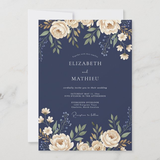 Midnight Champagne Foliage Sage Wedding Invitation (Front)
