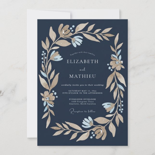 Midnight Champagne Gold Leaf Wedding Invitation (Front)