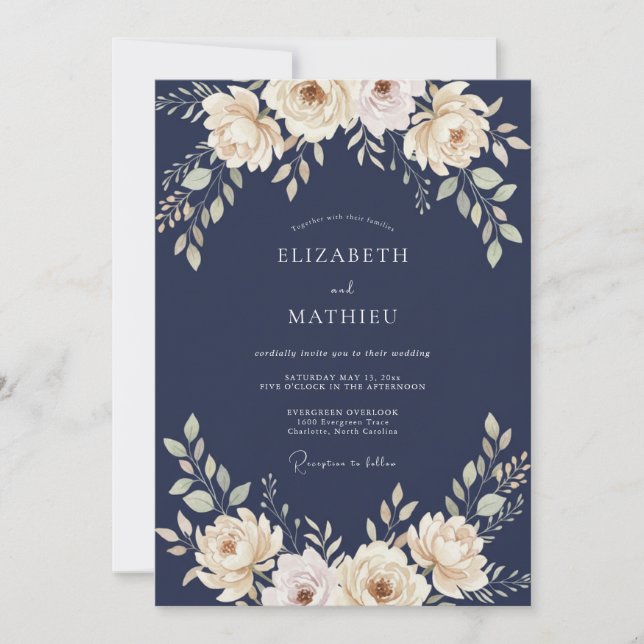 Midnight Champagne Petal Wedding Invitation (Front)